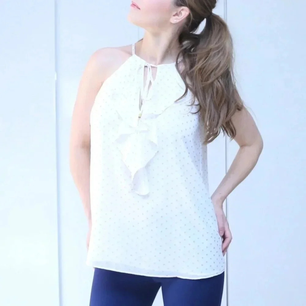 INC gold polka dot ruffle tank